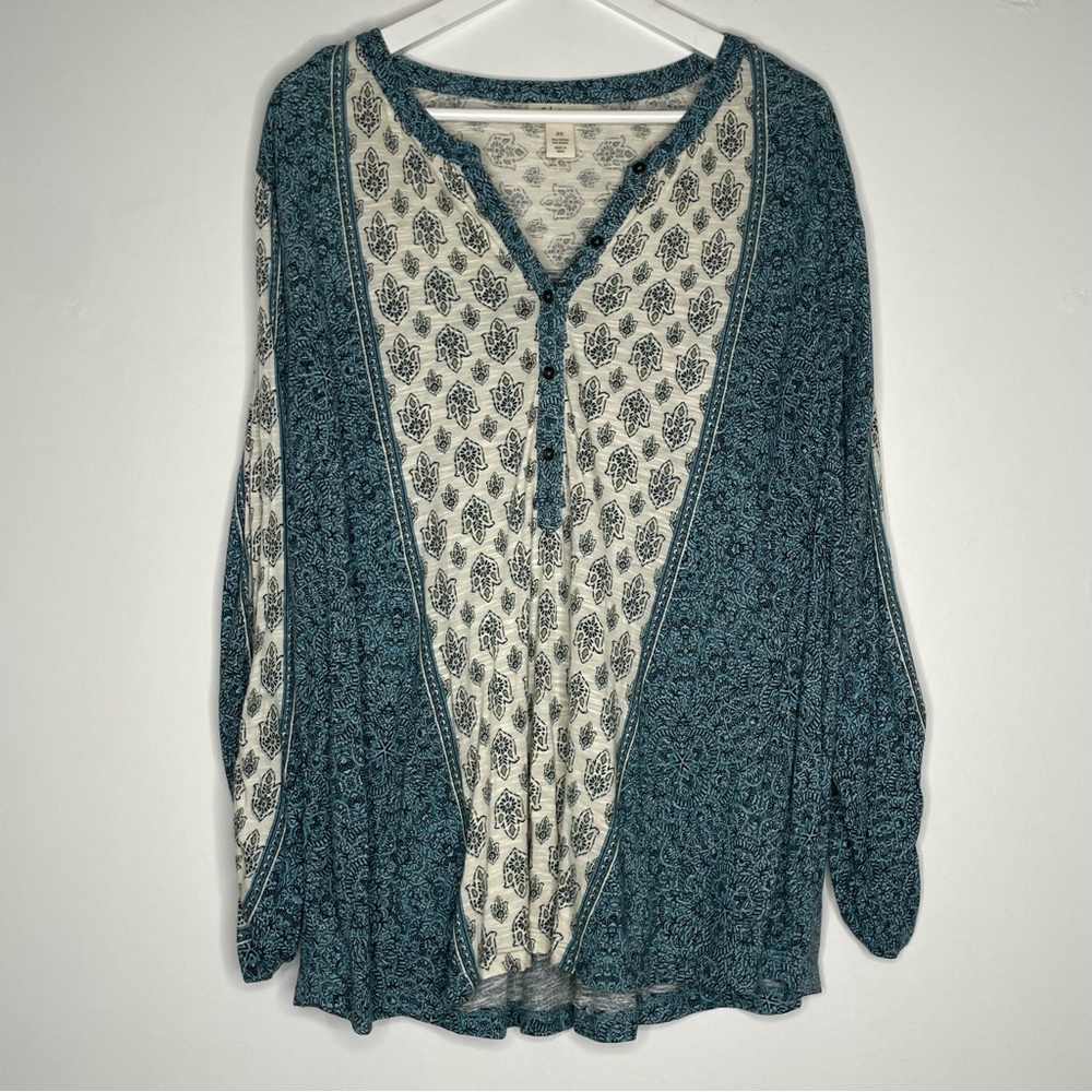 Style & Co. Woman cream & green paisley-print henley blouse long sleeves Size 2X - Picture 8 of 16